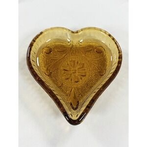 Vintage Indiana Glass Amber Tiara Daisy Heart Dish Jewelry Ring Tray Ashtray 70s